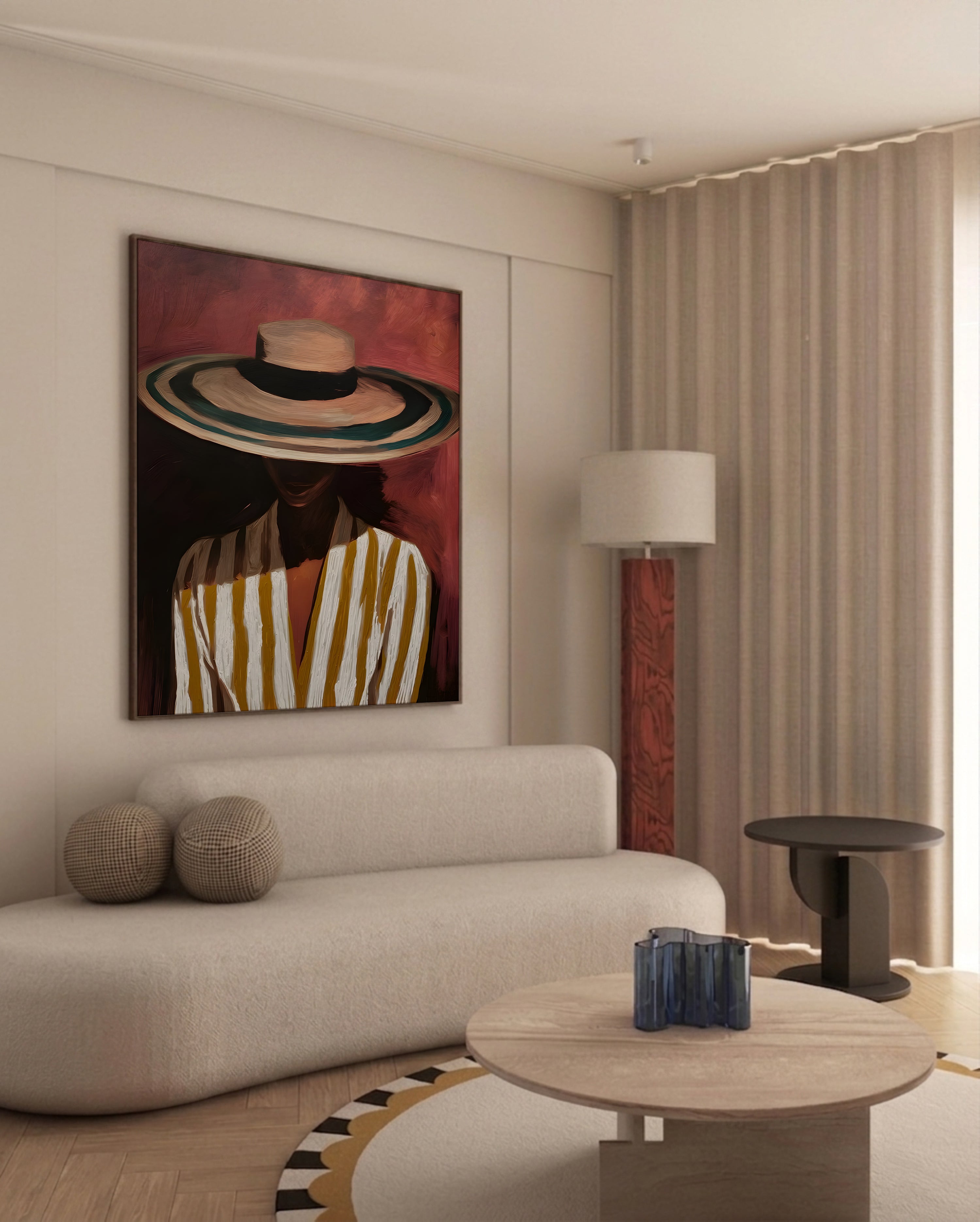 Woman with hat framed canvas (printed)
