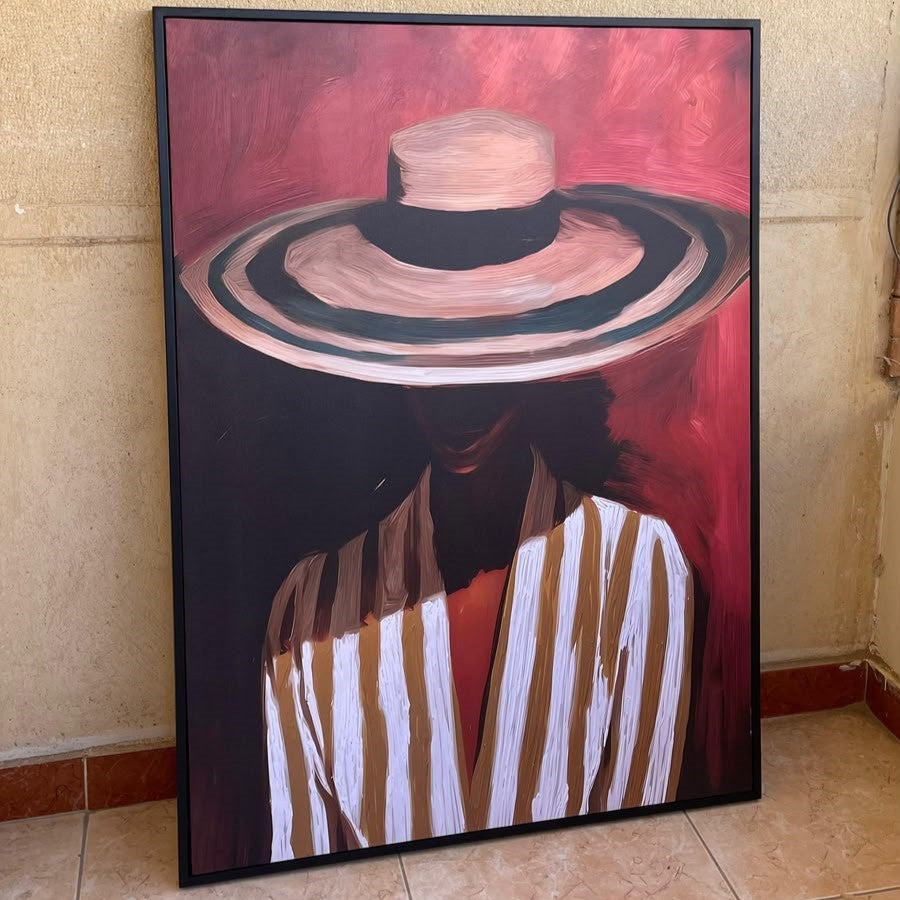 Woman with hat framed canvas (printed)
