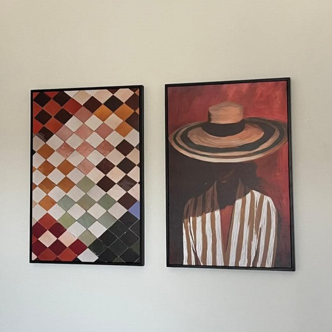 Woman with hat framed canvas (printed)
