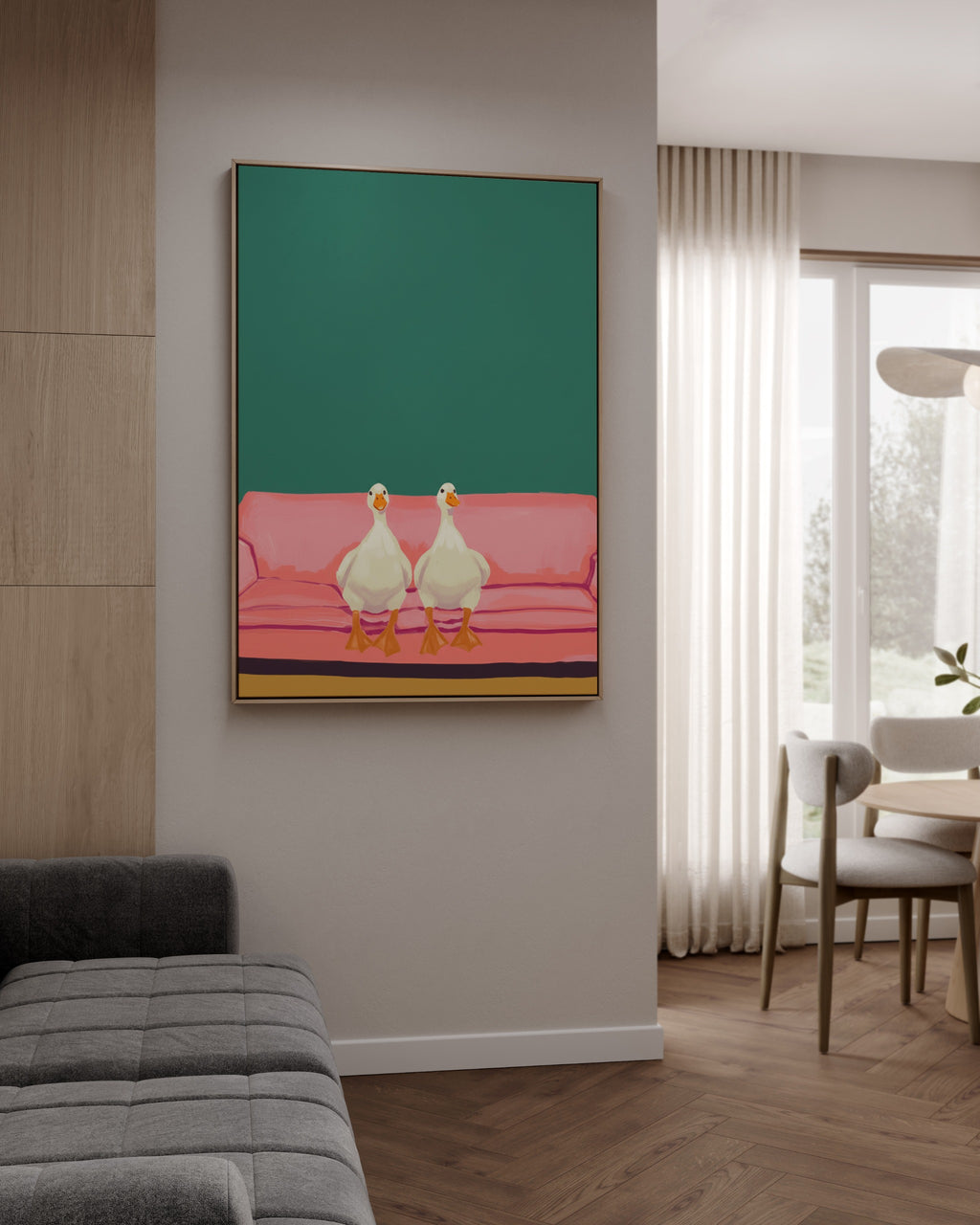 Geese on Sofa framed canvas (printed)