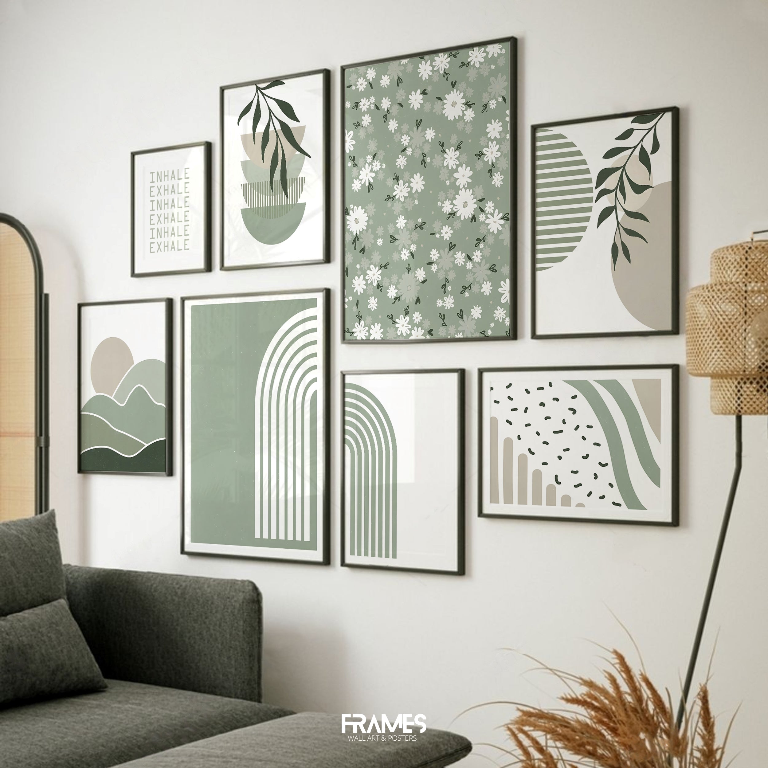 Boho green wall gallery